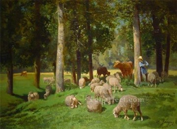 シャルル・エミール・ジャック Painting - 羊の動物作家シャルル・エミール・ジャックとの風景